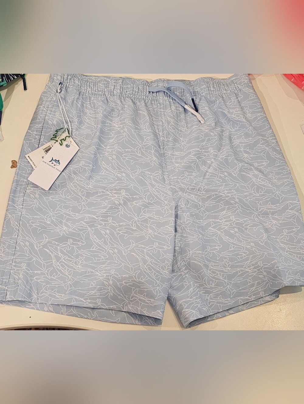 Southern Tide Light Blue Kids Swim Trunks with White Shark Print